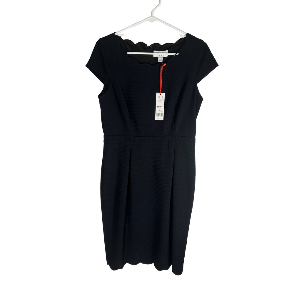 NWT ELLE Black Scalloped Neckline Ribbed‎ Pencil Dress Retro Chic Womens 6